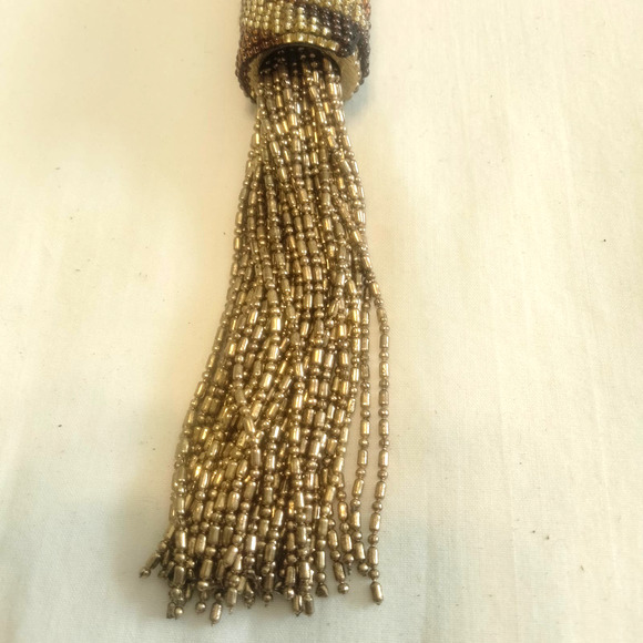 Iris Apfel & Bajalia Gold Brown Rust Metal Beaded Tassel Statement Necklace - Picture 10 of 11